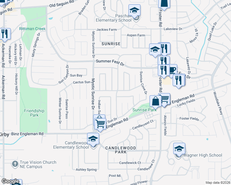 map of restaurants, bars, coffee shops, grocery stores, and more near 6001 Hidden Sunrise Drive in San Antonio