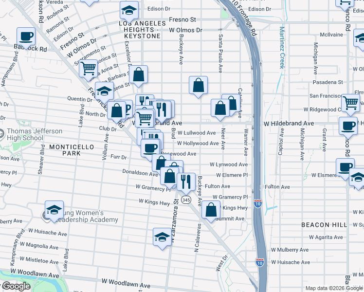 map of restaurants, bars, coffee shops, grocery stores, and more near 1551 West Rosewood Avenue in San Antonio