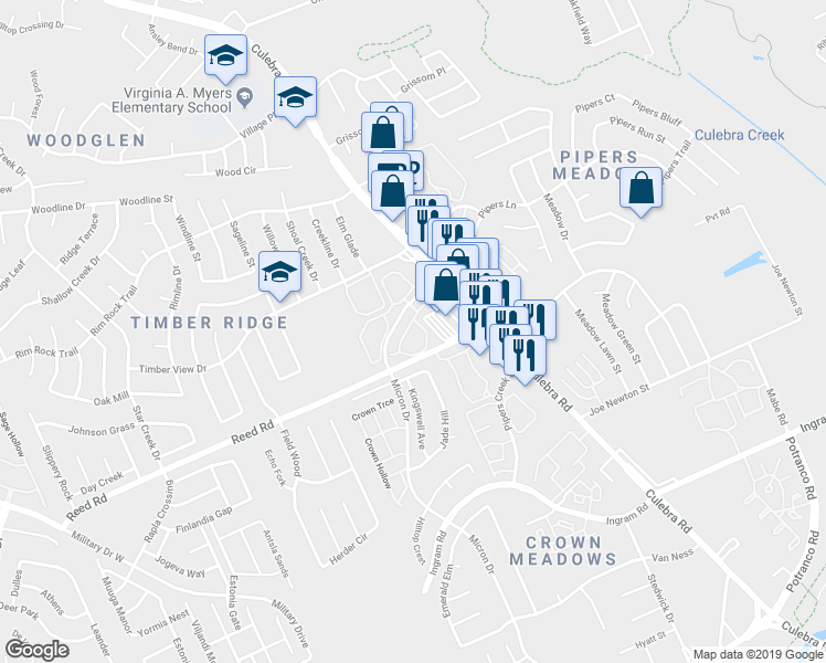 map of restaurants, bars, coffee shops, grocery stores, and more near 8205 Micron Drive in San Antonio