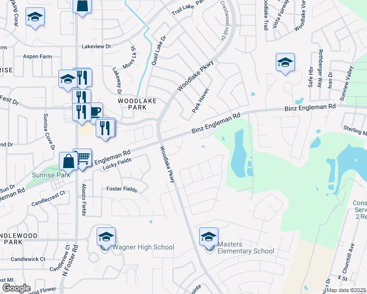 map of restaurants, bars, coffee shops, grocery stores, and more near 7006 Sunspot in Converse