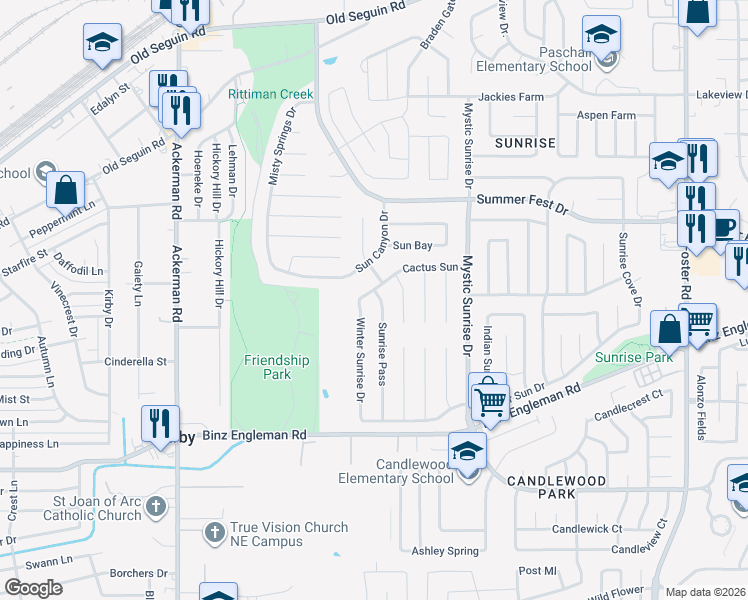 map of restaurants, bars, coffee shops, grocery stores, and more near 4142 Winter Sunrise Drive in San Antonio