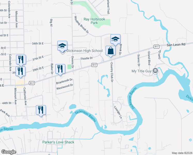 map of restaurants, bars, coffee shops, grocery stores, and more near 4111 Leslie's Way in Dickinson