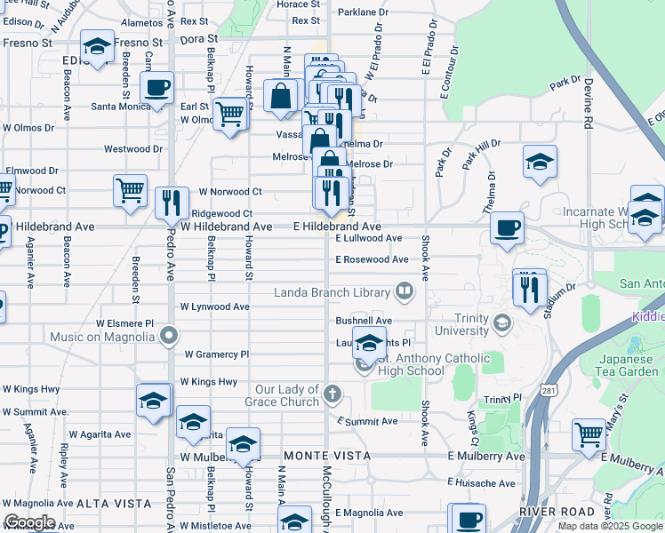 map of restaurants, bars, coffee shops, grocery stores, and more near 206 East Hollywood Avenue in San Antonio