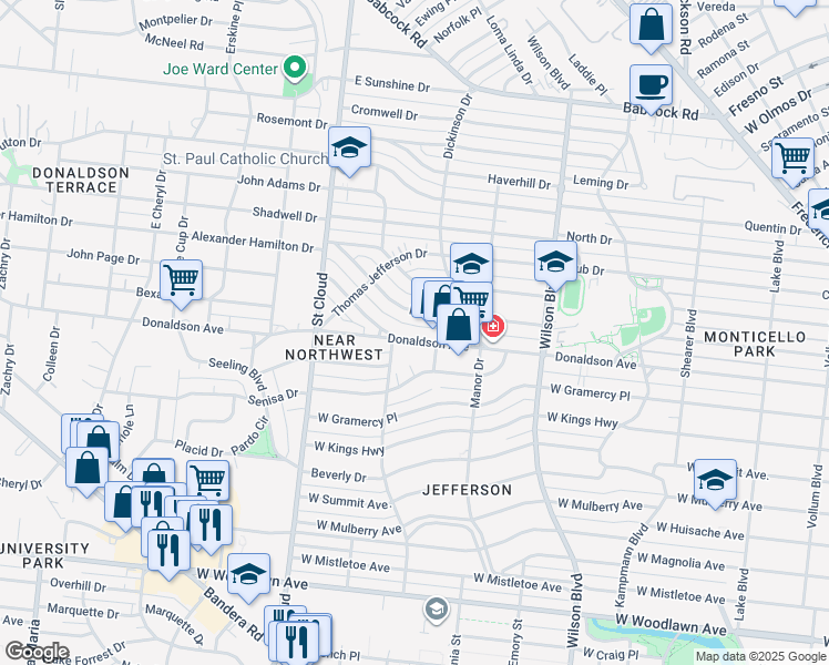 map of restaurants, bars, coffee shops, grocery stores, and more near 1061 Donaldson Avenue in San Antonio