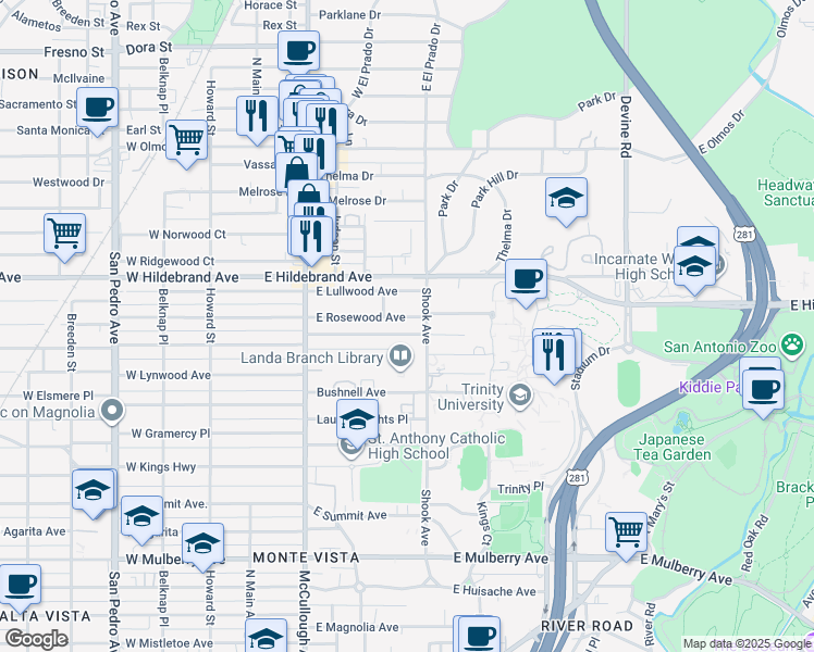 map of restaurants, bars, coffee shops, grocery stores, and more near 335 East Hollywood Avenue in San Antonio