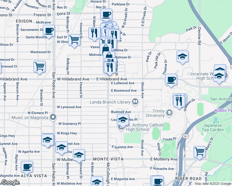 map of restaurants, bars, coffee shops, grocery stores, and more near 153 Schreiner Place in San Antonio