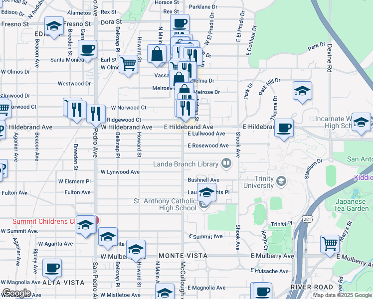 map of restaurants, bars, coffee shops, grocery stores, and more near 206 East Hollywood Avenue in San Antonio