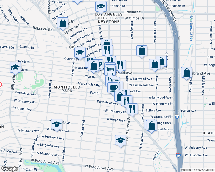 map of restaurants, bars, coffee shops, grocery stores, and more near 2100 Fredericksburg Road in San Antonio