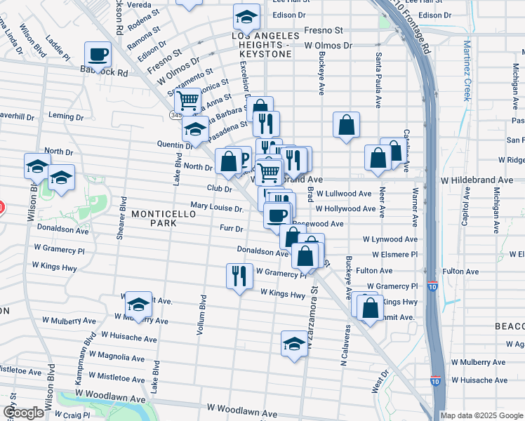 map of restaurants, bars, coffee shops, grocery stores, and more near 2118 Fredericksburg Road in San Antonio