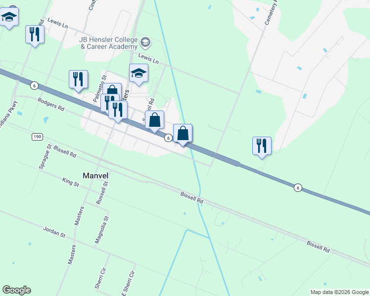 map of restaurants, bars, coffee shops, grocery stores, and more near 20514 Highway 6 in Manvel