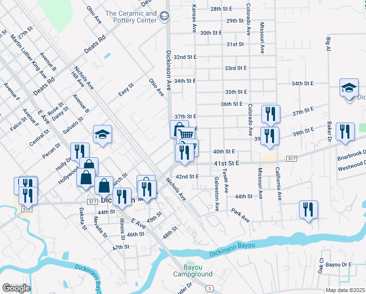 map of restaurants, bars, coffee shops, grocery stores, and more near 4325-4249 FM 517 Road East in Dickinson