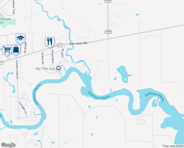 map of restaurants, bars, coffee shops, grocery stores, and more near 11601 Wincrest Road in Dickinson