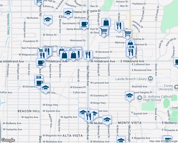 map of restaurants, bars, coffee shops, grocery stores, and more near 344 West Rosewood Avenue in San Antonio