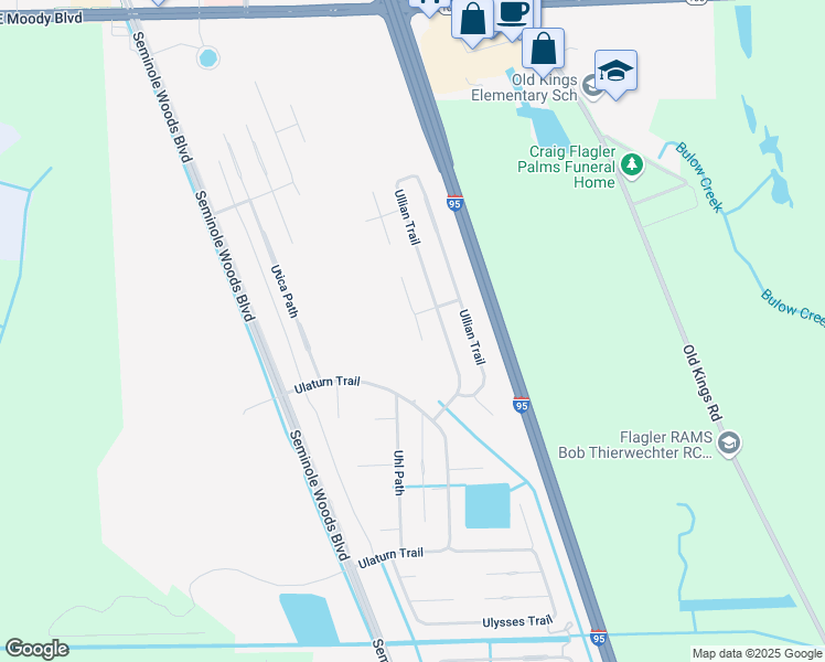 map of restaurants, bars, coffee shops, grocery stores, and more near 32 Ullman Place in Palm Coast
