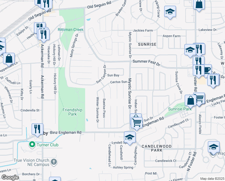 map of restaurants, bars, coffee shops, grocery stores, and more near 4126 Dakota Sun in San Antonio
