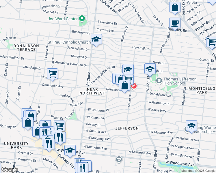 map of restaurants, bars, coffee shops, grocery stores, and more near 1061 Donaldson Avenue in San Antonio
