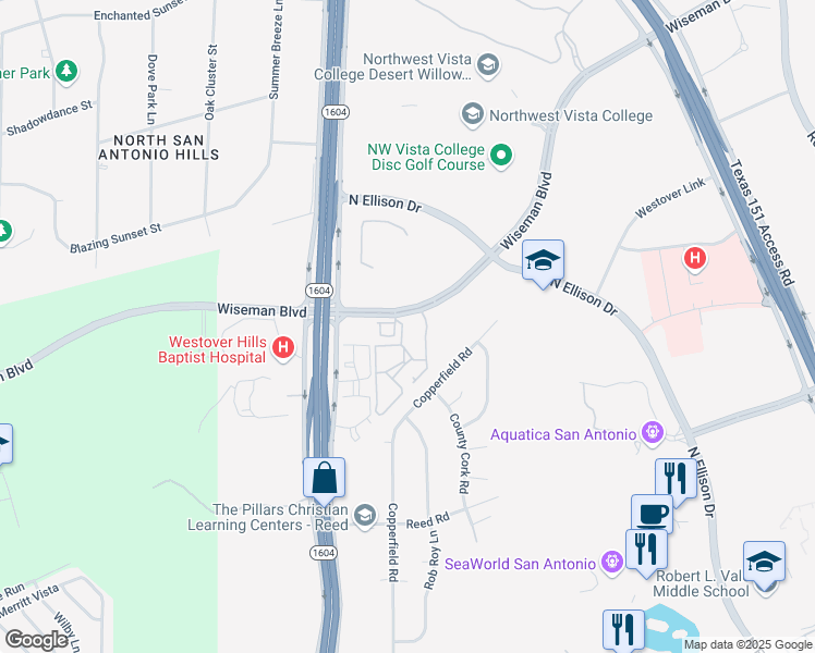 map of restaurants, bars, coffee shops, grocery stores, and more near 5010 Wiseman Boulevard in San Antonio