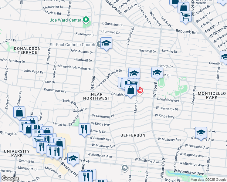 map of restaurants, bars, coffee shops, grocery stores, and more near 1061 Donaldson Avenue in San Antonio