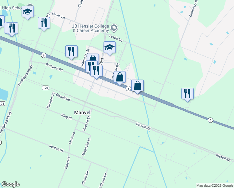 map of restaurants, bars, coffee shops, grocery stores, and more near 7516 Elm Street in Manvel