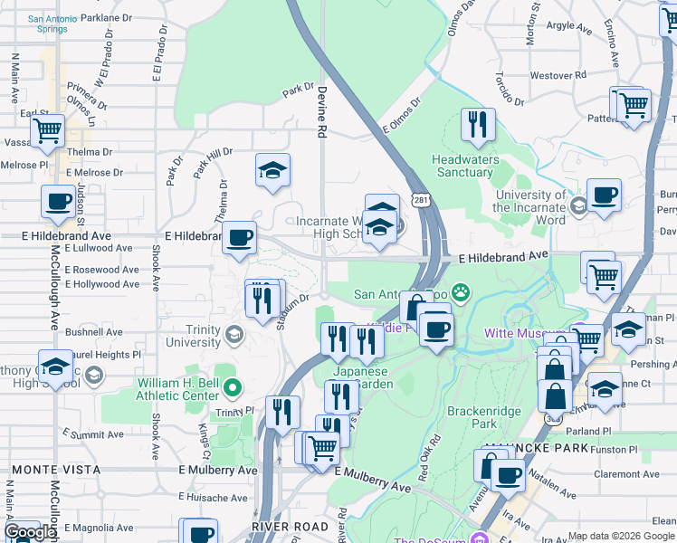 map of restaurants, bars, coffee shops, grocery stores, and more near 103 Tuleta Drive in San Antonio