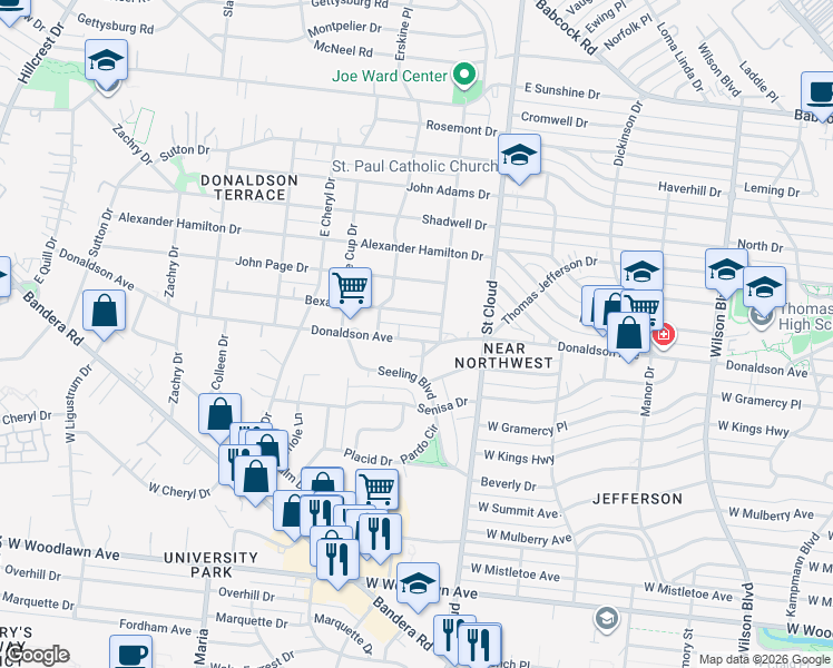 map of restaurants, bars, coffee shops, grocery stores, and more near 1310 Lowery Drive in San Antonio