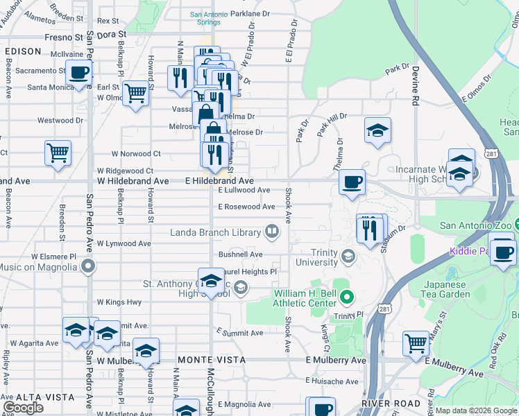 map of restaurants, bars, coffee shops, grocery stores, and more near 272 East Rosewood Avenue in San Antonio