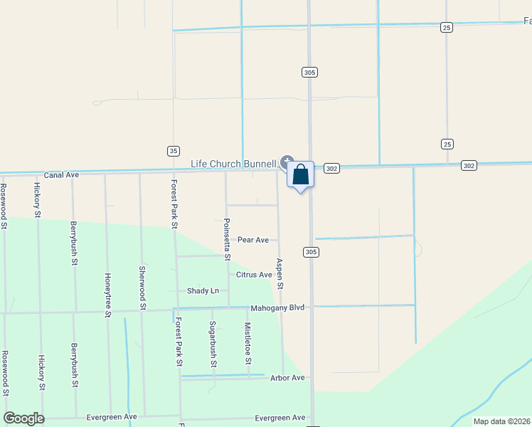 map of restaurants, bars, coffee shops, grocery stores, and more near 3670 Pear Avenue in Bunnell