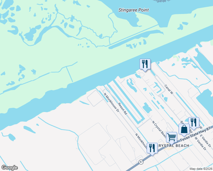 map of restaurants, bars, coffee shops, grocery stores, and more near 1300 North Monkhouse Drive in Galveston
