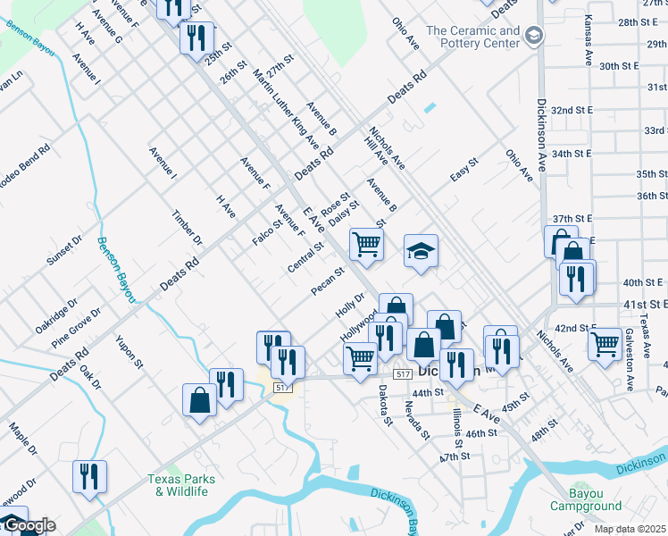 map of restaurants, bars, coffee shops, grocery stores, and more near 2602 Pecan Street in Dickinson
