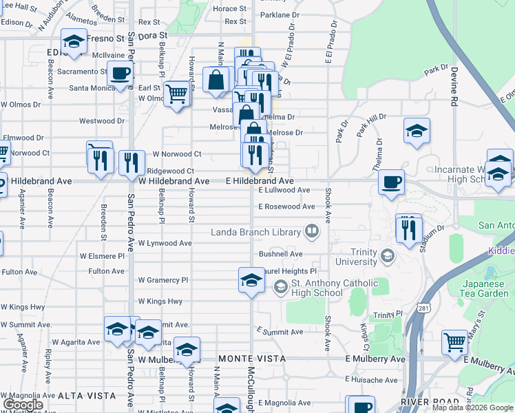 map of restaurants, bars, coffee shops, grocery stores, and more near 206 East Rosewood Avenue in San Antonio