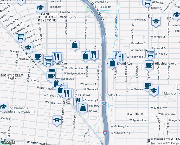 map of restaurants, bars, coffee shops, grocery stores, and more near 1339 West Rosewood Avenue in San Antonio