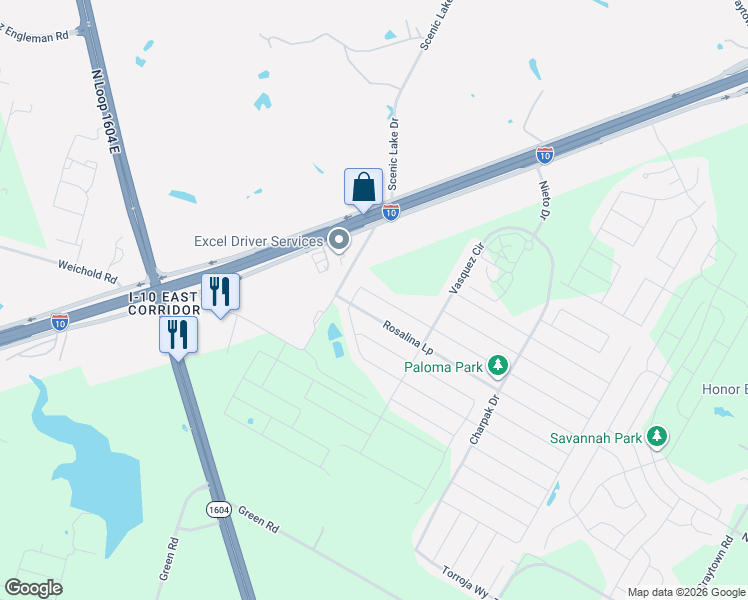 map of restaurants, bars, coffee shops, grocery stores, and more near 10323 Rosalina Loop in Converse