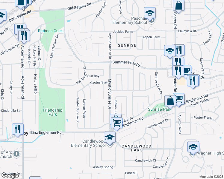 map of restaurants, bars, coffee shops, grocery stores, and more near 4060 Mystic Sunrise Drive in San Antonio