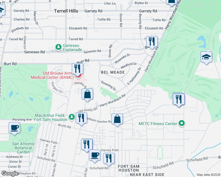 map of restaurants, bars, coffee shops, grocery stores, and more near 126 Downing Drive in San Antonio