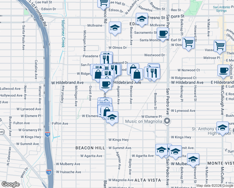 map of restaurants, bars, coffee shops, grocery stores, and more near 806 West Rosewood Avenue in San Antonio