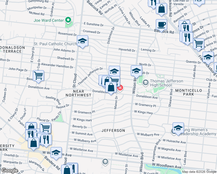 map of restaurants, bars, coffee shops, grocery stores, and more near 1025 Donaldson Avenue in San Antonio