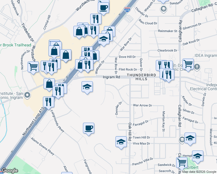 map of restaurants, bars, coffee shops, grocery stores, and more near 2923 War Feather in San Antonio