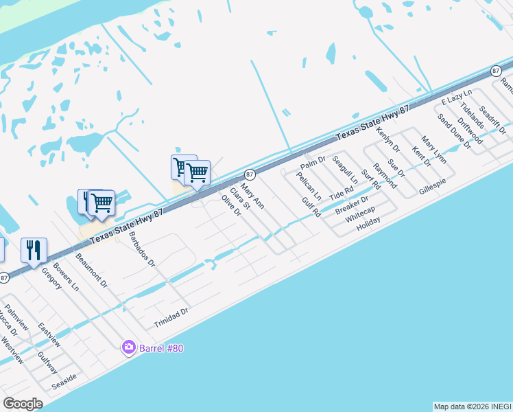 map of restaurants, bars, coffee shops, grocery stores, and more near 964 Olive Drive in Bolivar Peninsula