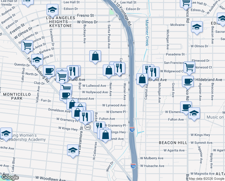 map of restaurants, bars, coffee shops, grocery stores, and more near 1339 West Rosewood Avenue in San Antonio