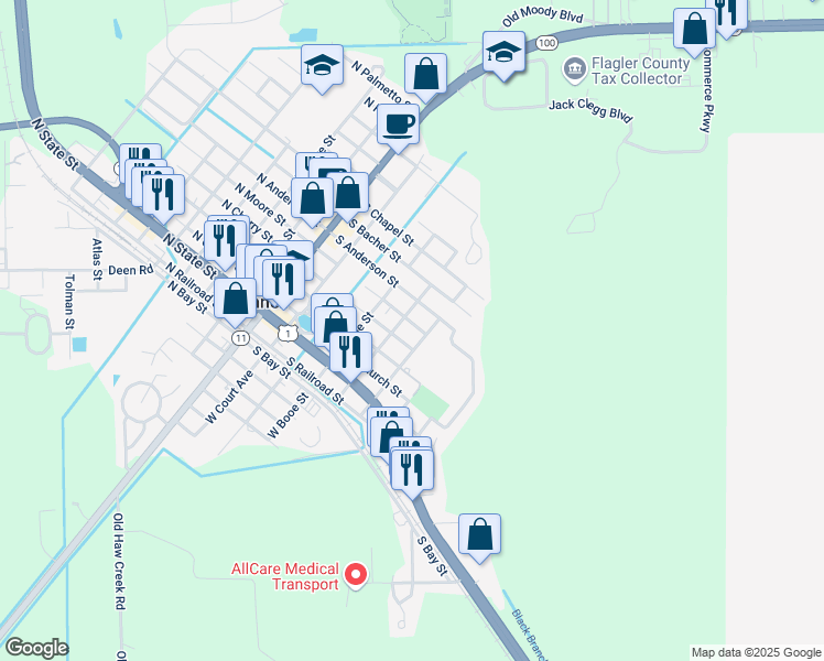 map of restaurants, bars, coffee shops, grocery stores, and more near 302 East Drain Street in Bunnell