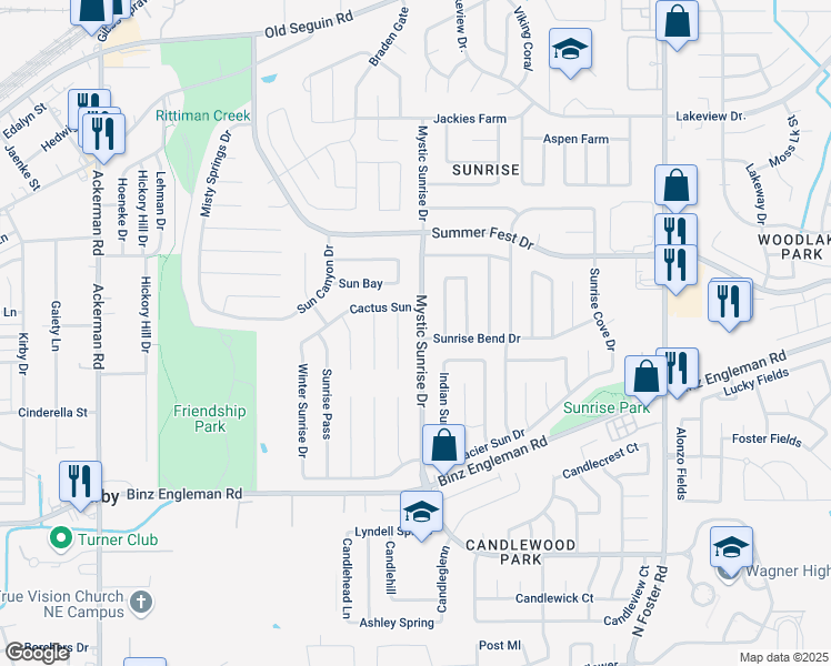 map of restaurants, bars, coffee shops, grocery stores, and more near 4060 Mystic Sunrise Drive in San Antonio