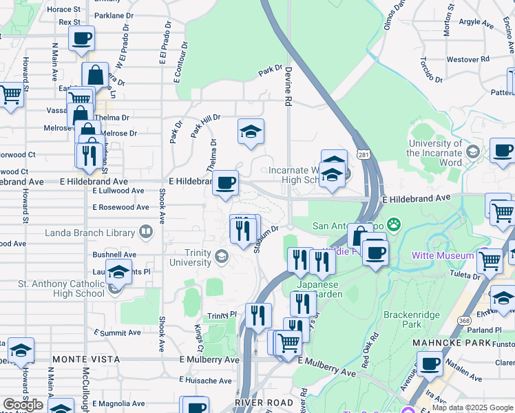 map of restaurants, bars, coffee shops, grocery stores, and more near Trinity University Jogging Trail in San Antonio