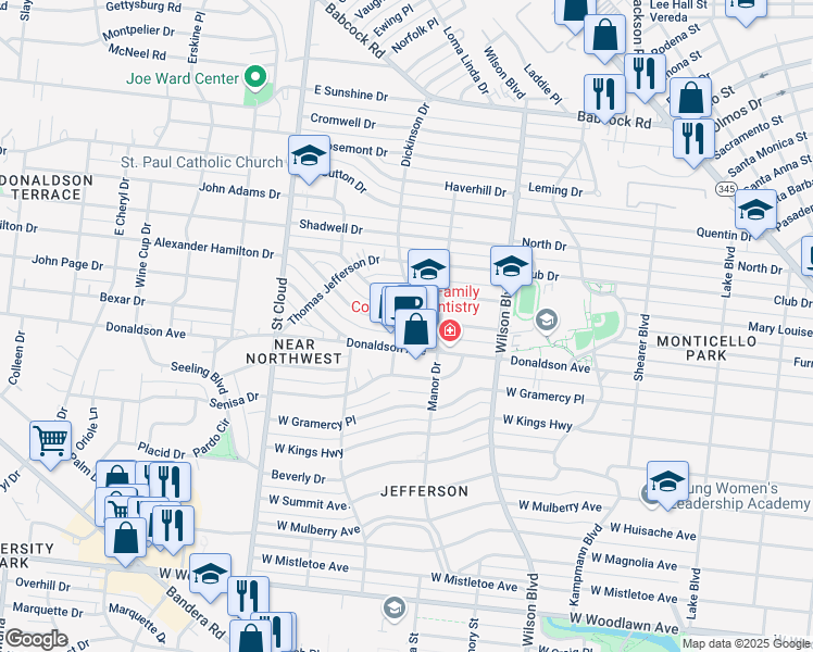 map of restaurants, bars, coffee shops, grocery stores, and more near 1025 Donaldson Avenue in San Antonio