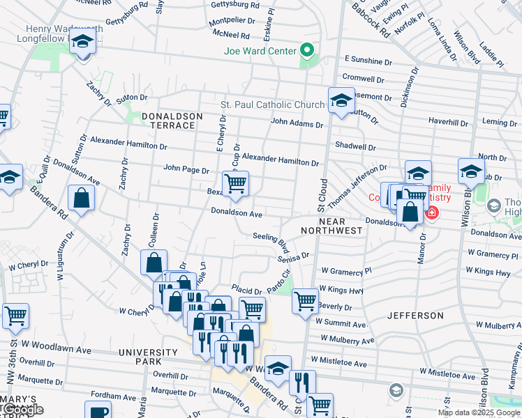map of restaurants, bars, coffee shops, grocery stores, and more near 1335 Donaldson Avenue in San Antonio