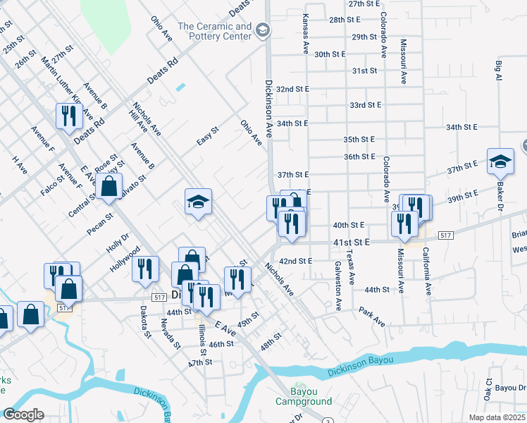 map of restaurants, bars, coffee shops, grocery stores, and more near 4006 Victoria Avenue in Dickinson