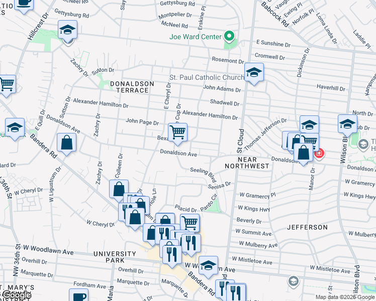 map of restaurants, bars, coffee shops, grocery stores, and more near 1352 Donaldson Avenue in San Antonio