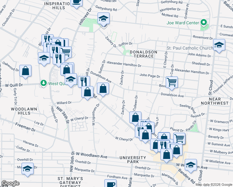 map of restaurants, bars, coffee shops, grocery stores, and more near 3243 Gypsy Drive in San Antonio