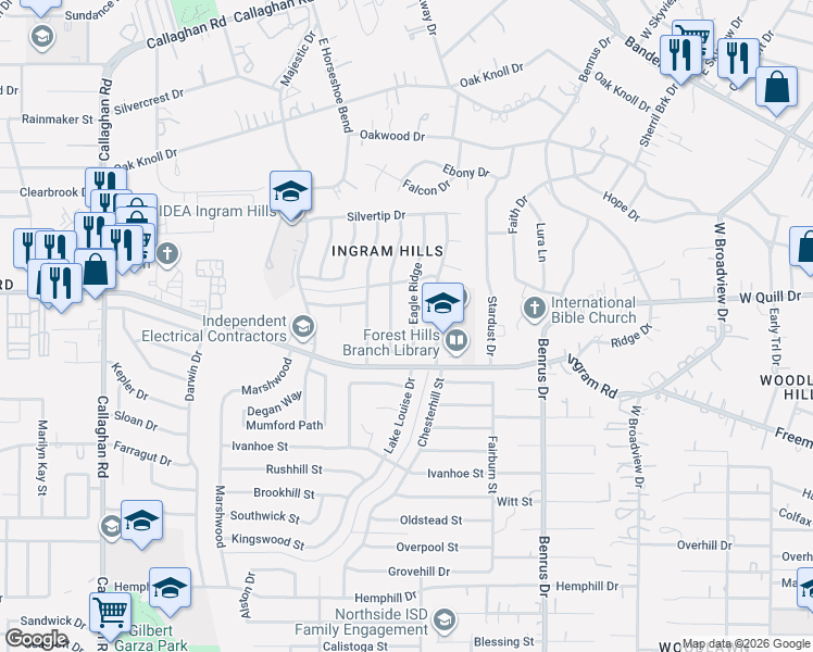 map of restaurants, bars, coffee shops, grocery stores, and more near 2903 Eagle Ridge in San Antonio