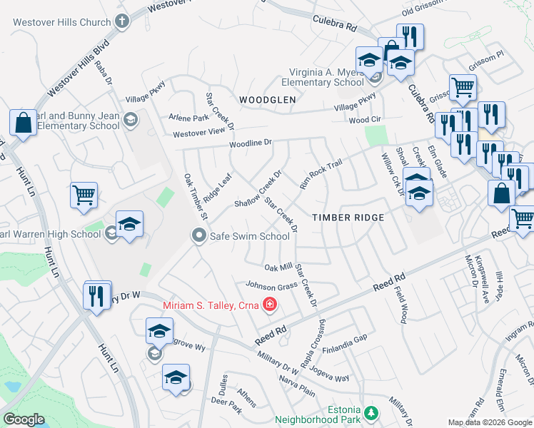 map of restaurants, bars, coffee shops, grocery stores, and more near 2615 Rim Rock Trail in San Antonio