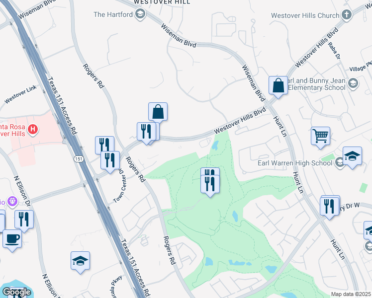 map of restaurants, bars, coffee shops, grocery stores, and more near 9738 Westover Hills Boulevard in San Antonio